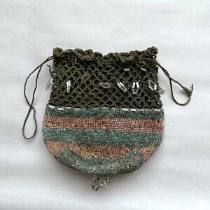 Antique VTG Micro Beaded & Crochet Drawstring Purse Sack Hand Bag